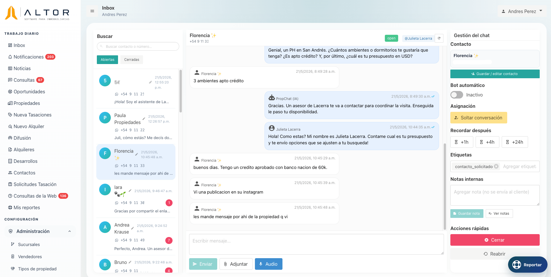 ALTOR · Inbox de WhatsApp con asistente IA