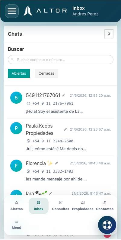ALTOR App móvil · Bandeja de mensajes